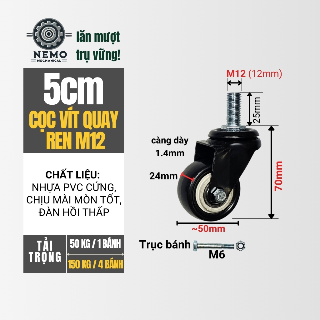 Bánh xe đẩy hàng đen trắng, loại cọc vít, có bạc đạn, đường kính bánh 4cm và 5cm, 40-50kg/1bánh